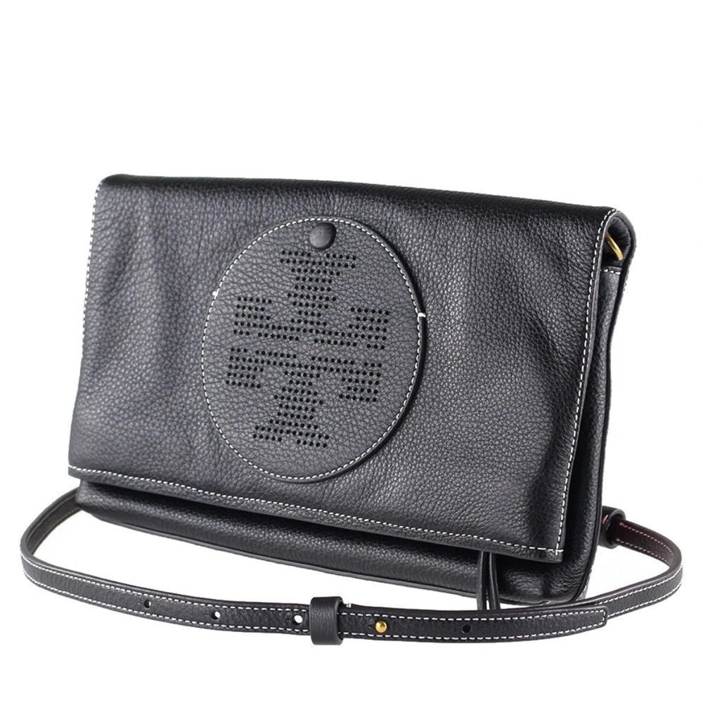 Fab Tory Burch Perforated Logo Fold Over Crossbody - Black with detachable strap